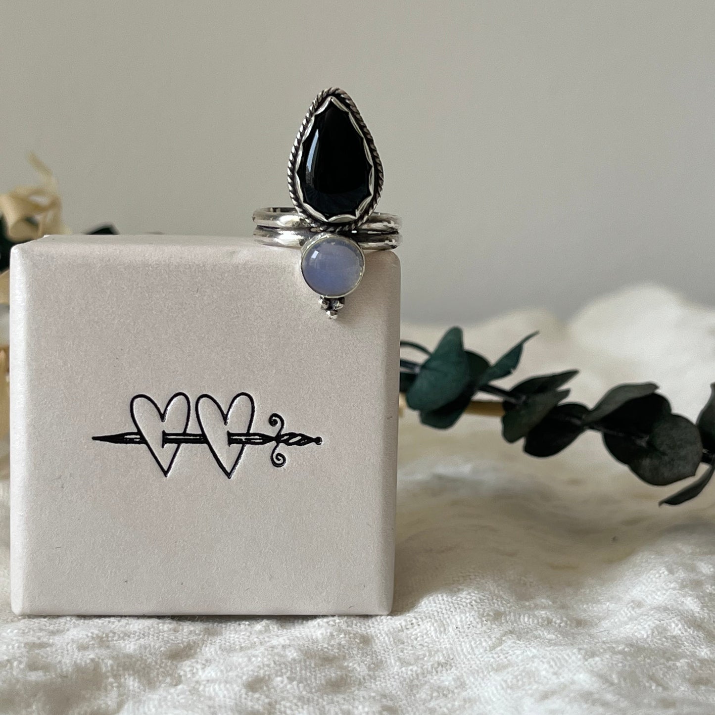 Handmade sterling silver ring boho style with onyx and moonstone