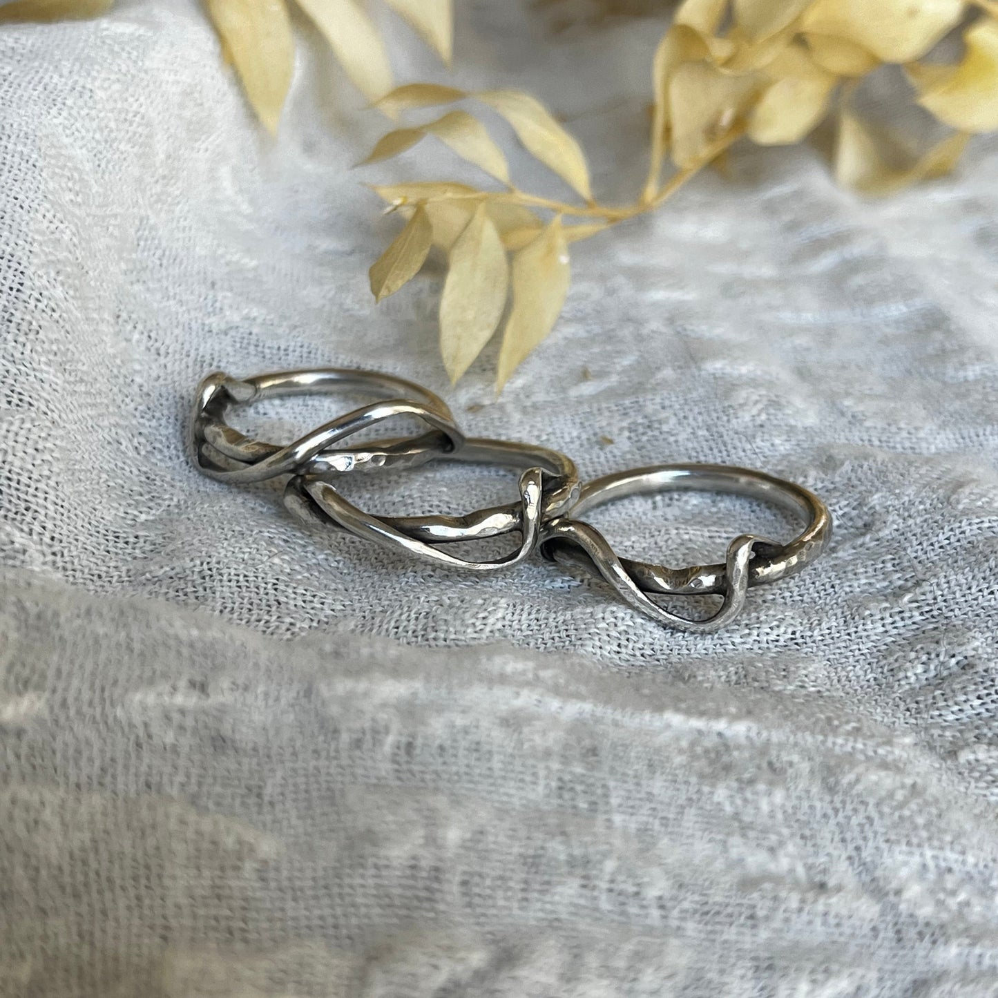Abstract double band rings with organic form made of sterling silver