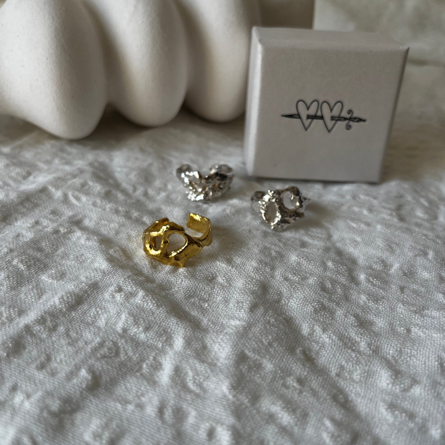 Trio of Molten ring in sterling silver handmade and one gold plated