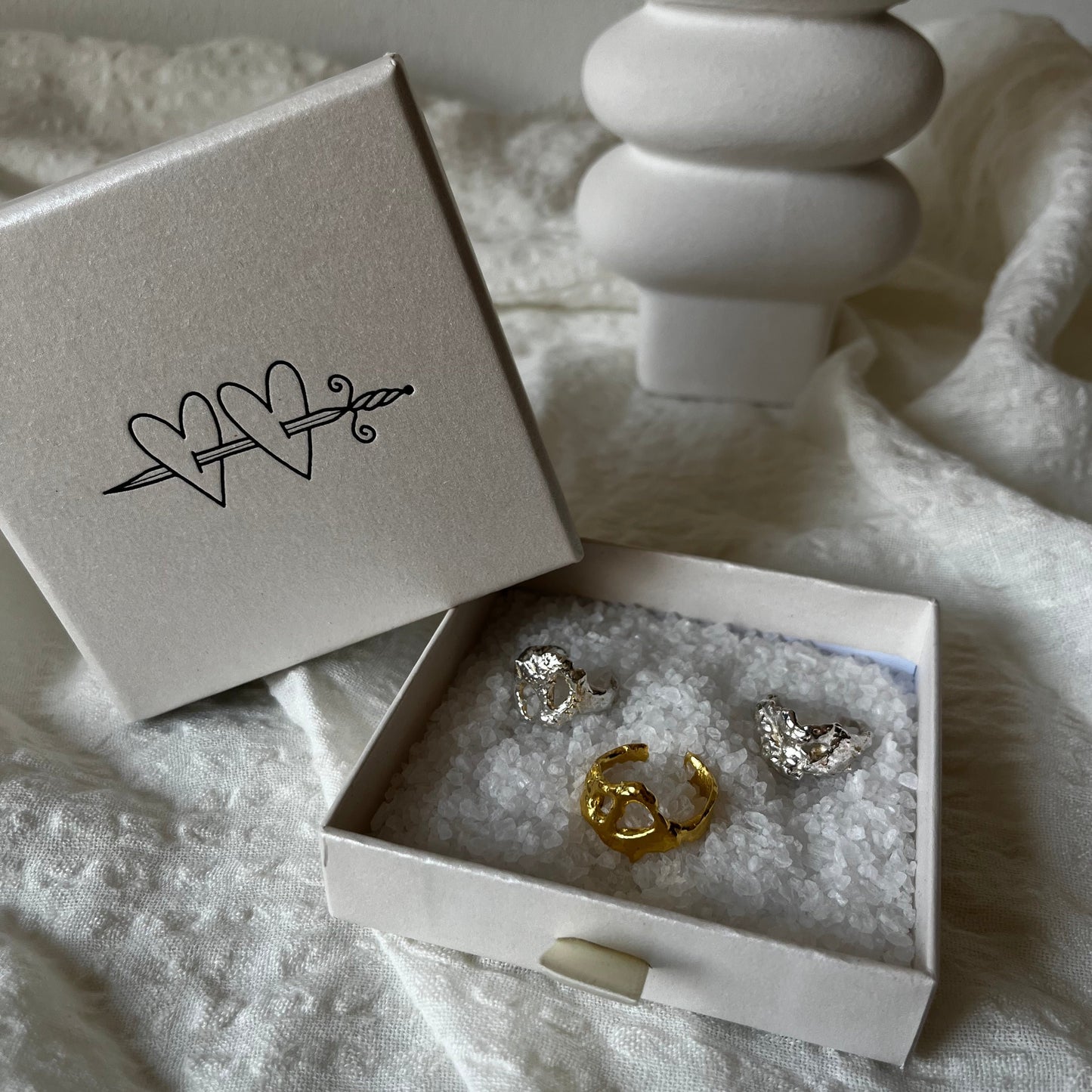 Molten rings in sterling silver handmade and one gold plated