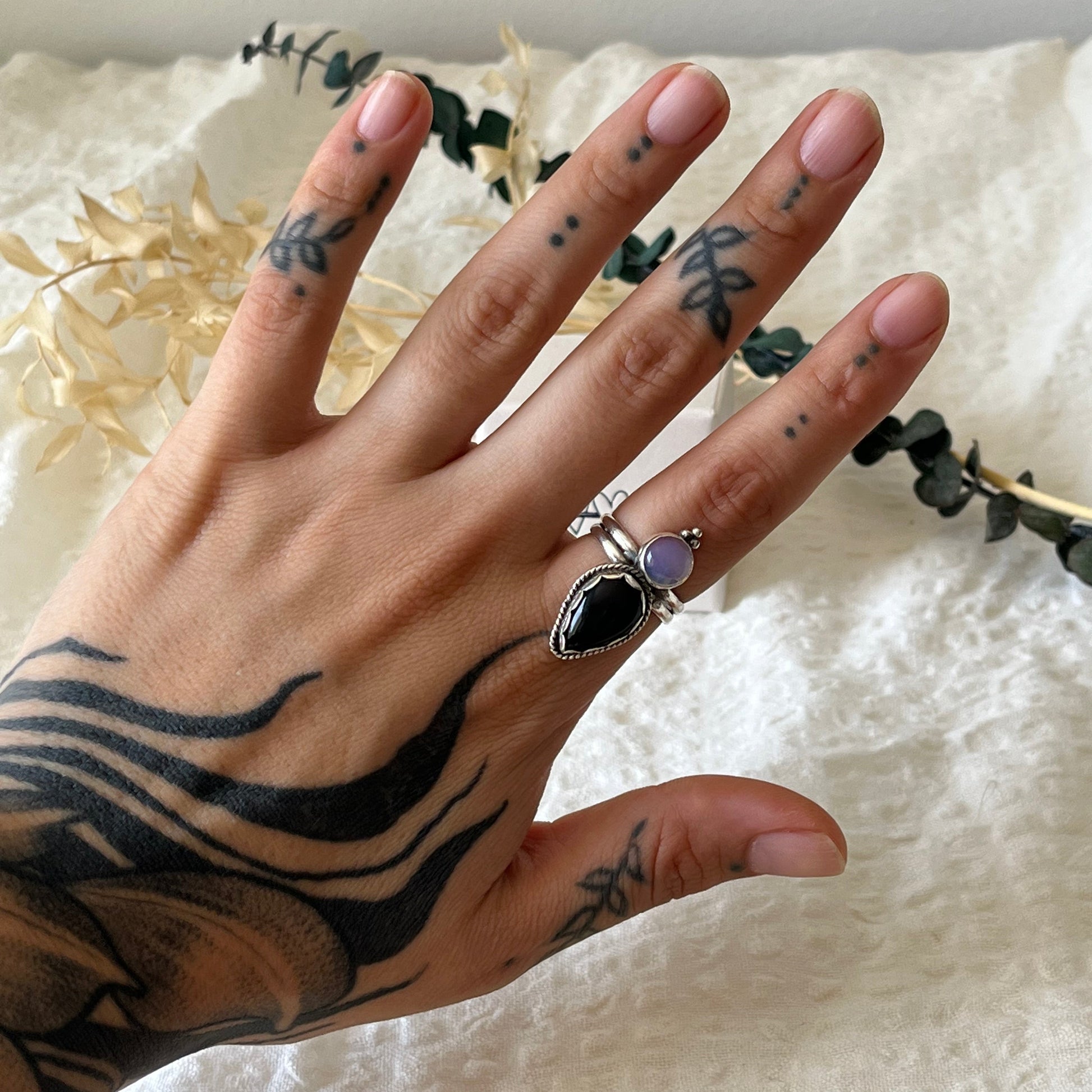 Handmade sterling silver ring boho style with onyx and moonstone 