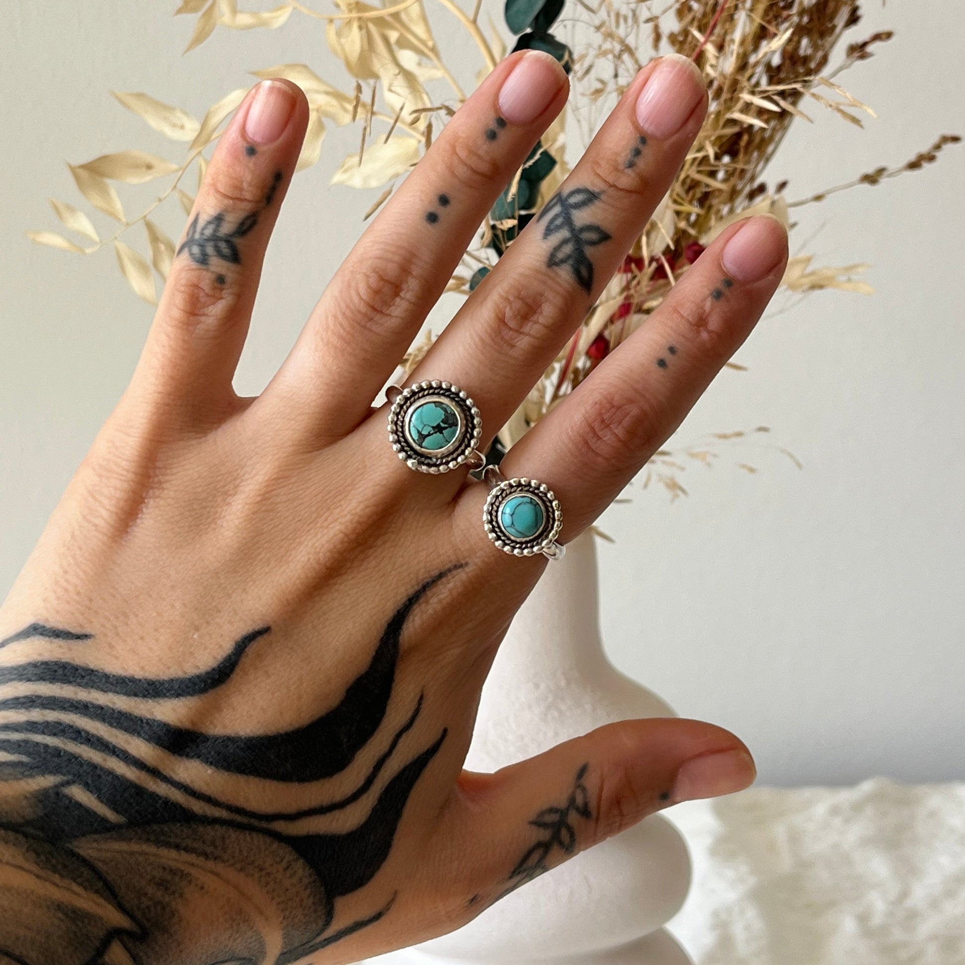 Two turquoise rings handmade in sterling silver boho style